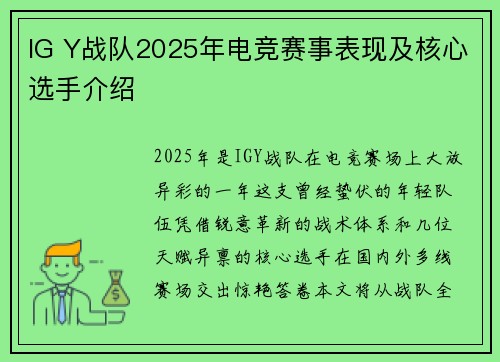 IG Y战队2025年电竞赛事表现及核心选手介绍