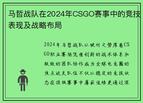 马哲战队在2024年CSGO赛事中的竞技表现及战略布局